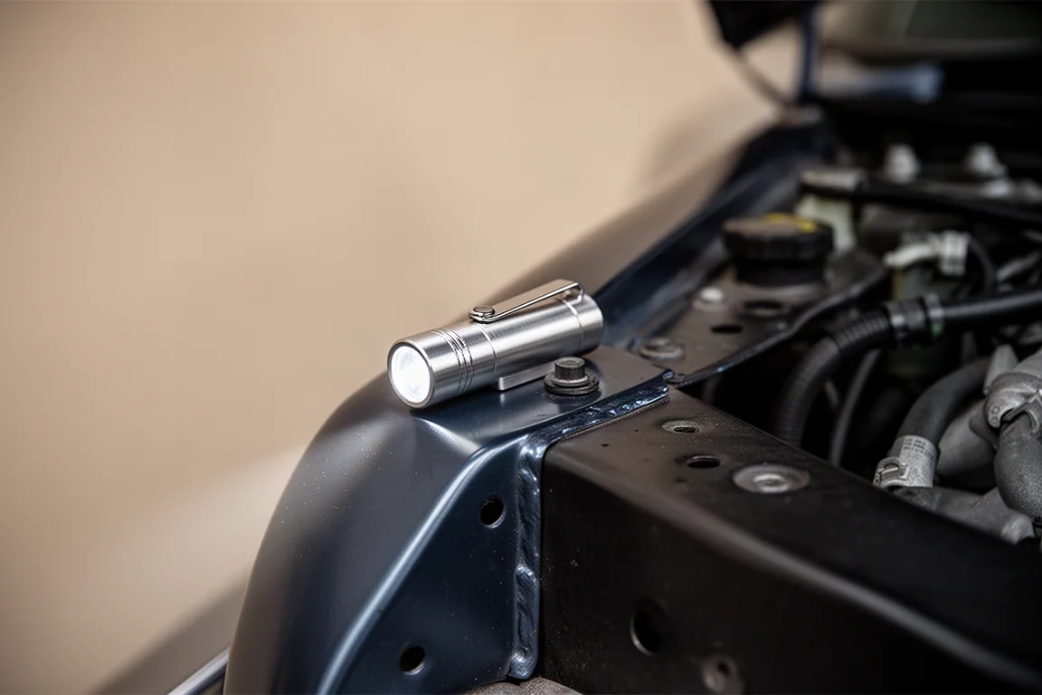 Winzige Aluminium-Taschenlampe auf einer Motorraumverkleidung liegend