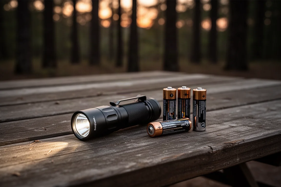 AA-Lampe und auslaufende Batterien auf einem Picknicktisch in der Dämmerung