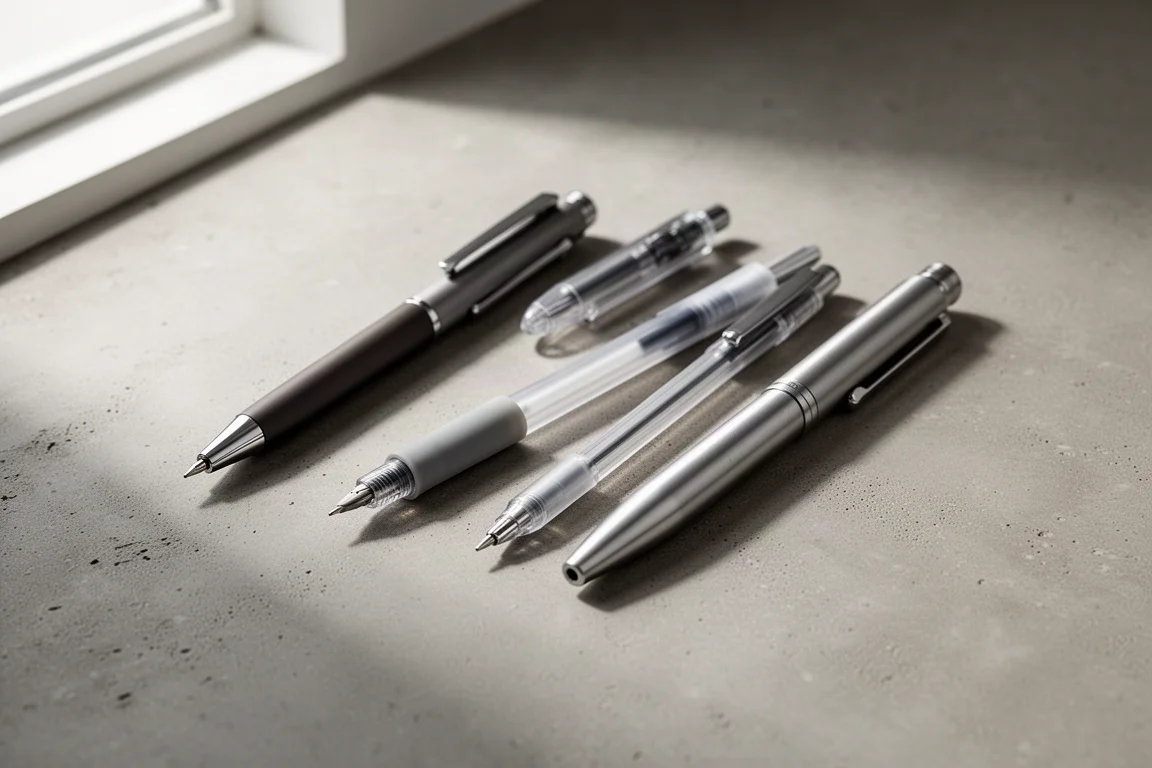A row of assorted pens arranged on a matte concrete surface