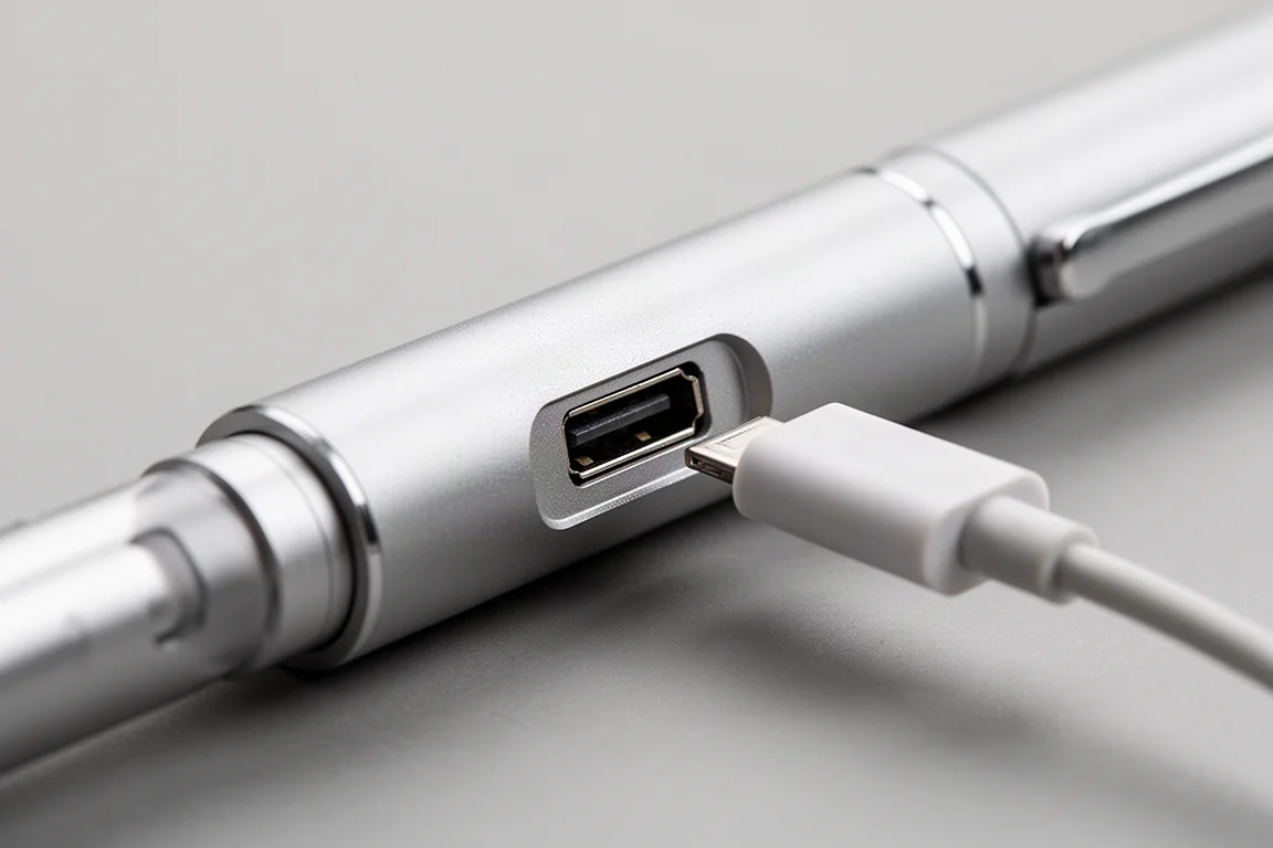 細身のアルミ製懐中電灯の本体にあるmicro USB充電ポート