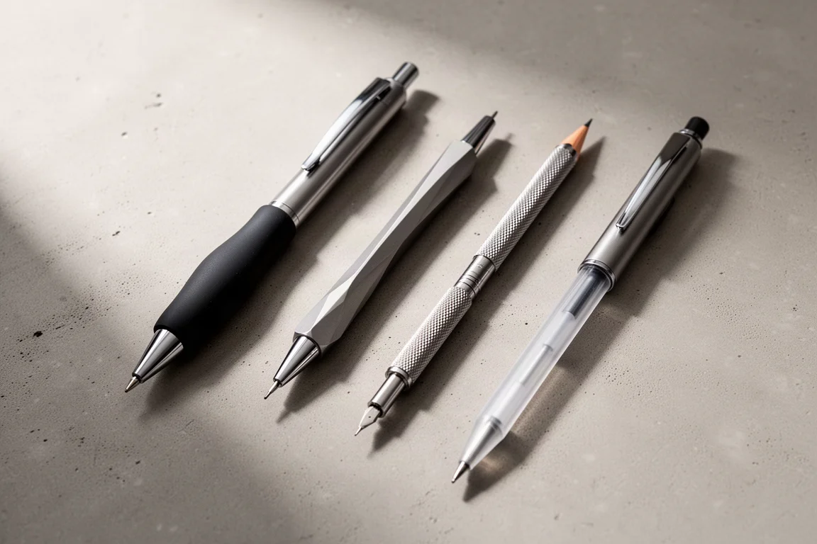 Writing instruments with different grip styles arranged on a concrete surface