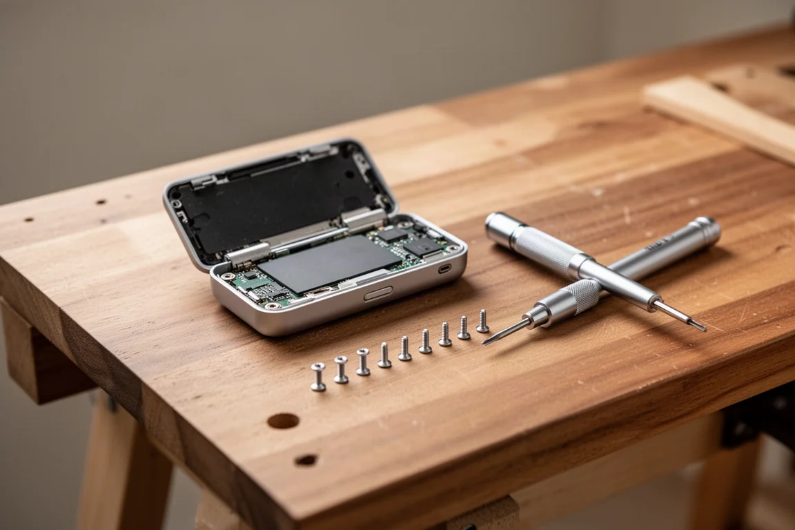 Un pequeño dispositivo electrónico reparado en una mesa de trabajo con un destornillador de bolígrafo cerca