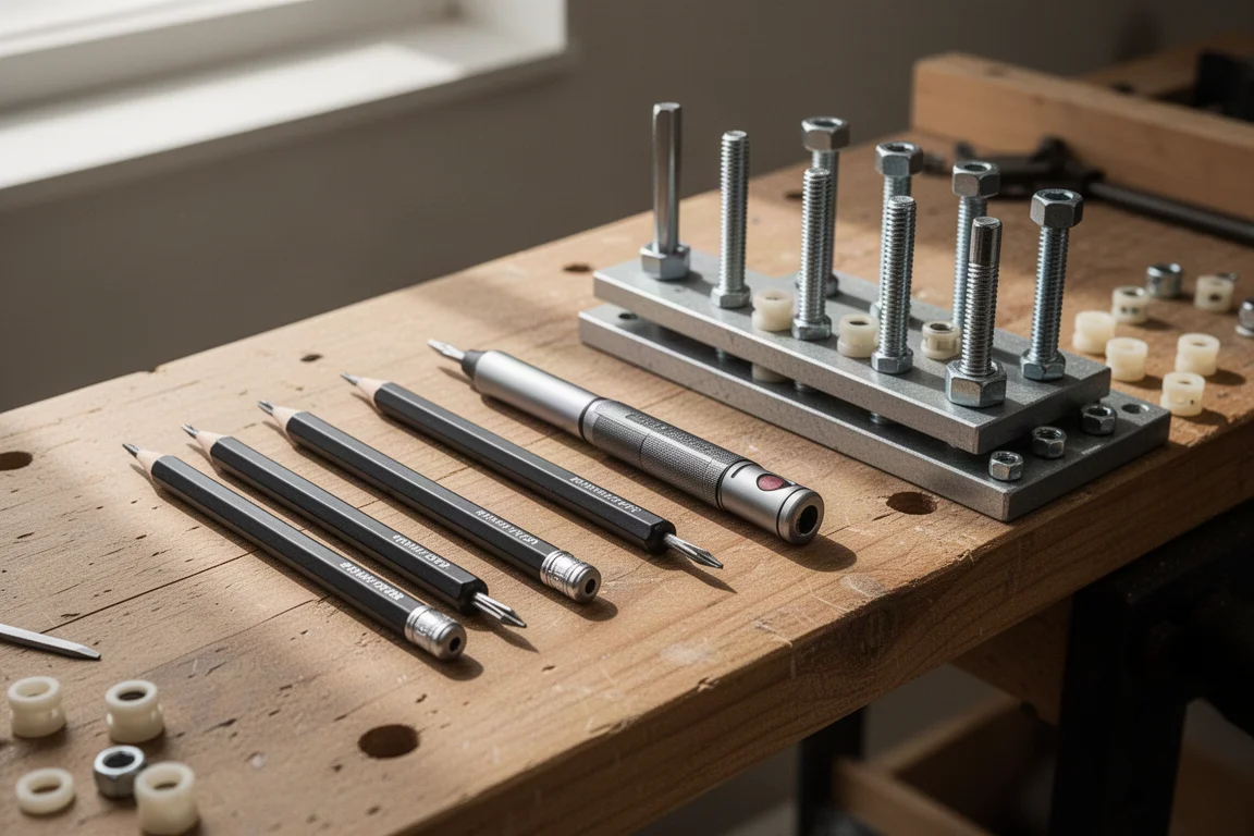Several compact cordless screwdrivers lined up on a workbench with test bolts nearby