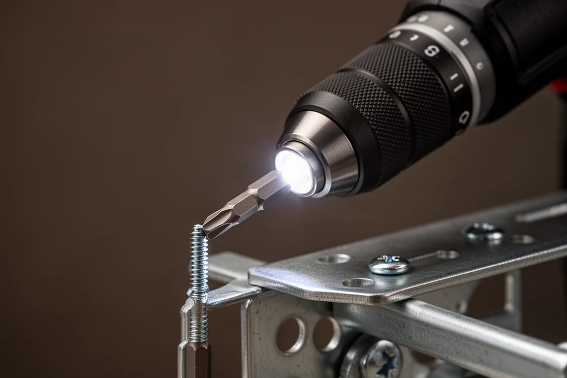 Close-up of a cordless screwdriver chuck holding a hex bit with LED light on