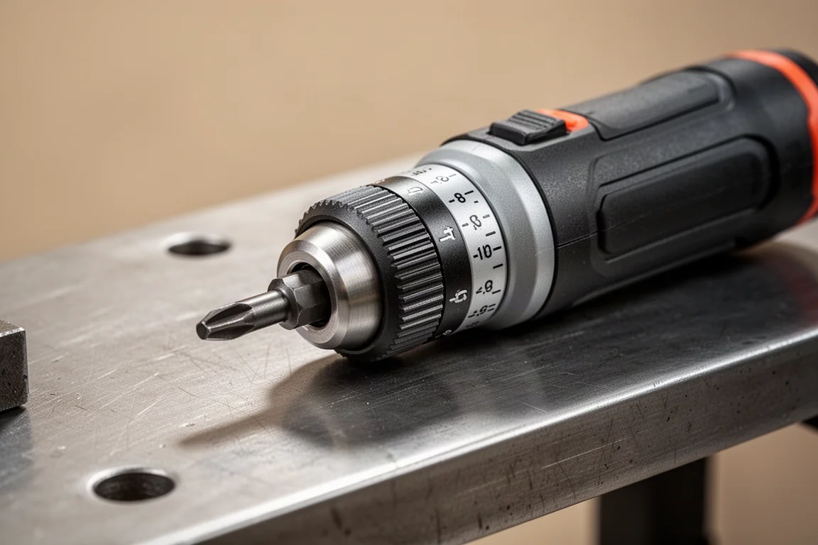 Dremel-style cordless screwdriver with visible clutch collar resting on a metal surface