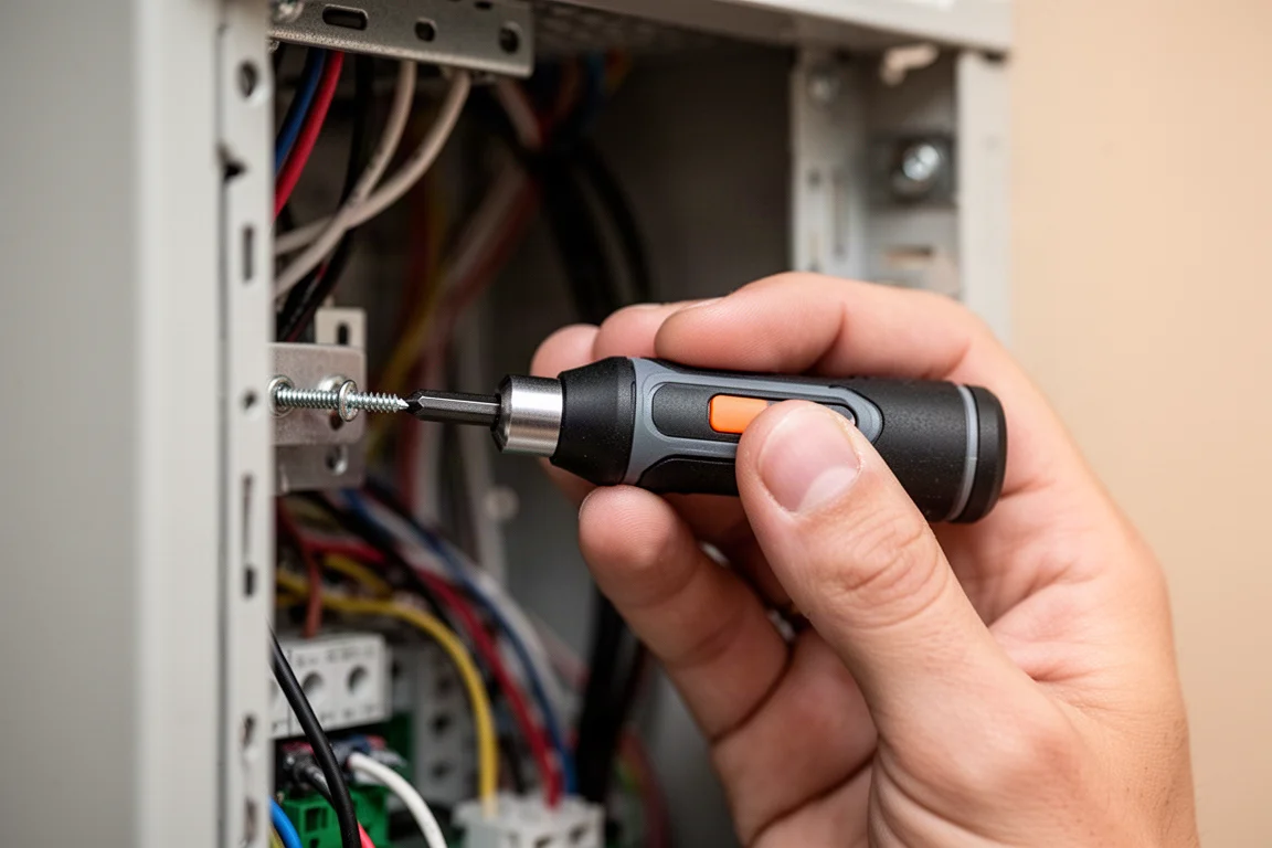 Small ball-grip cordless screwdriver held between fingers in a confined equipment space