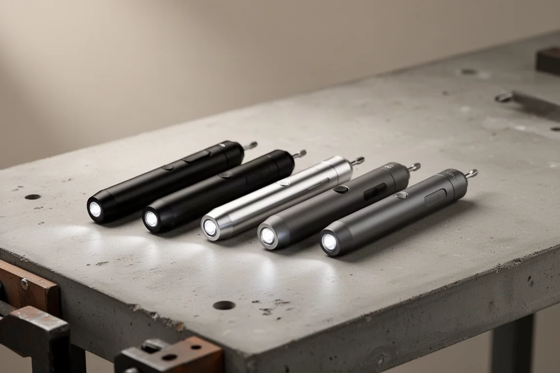 Seven compact pencil-style cordless screwdrivers arranged on a concrete workbench