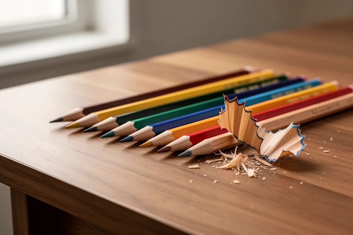 Crayons de couleur taillés en pointe longue fraîchement, disposés sur un bureau en bois