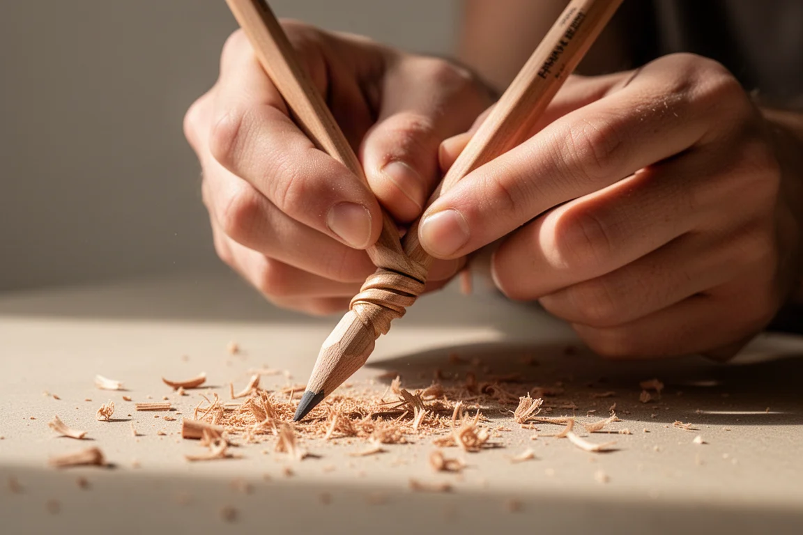 Artiste taillant un crayon pastel épais au-dessus d'un bureau avec des copeaux
