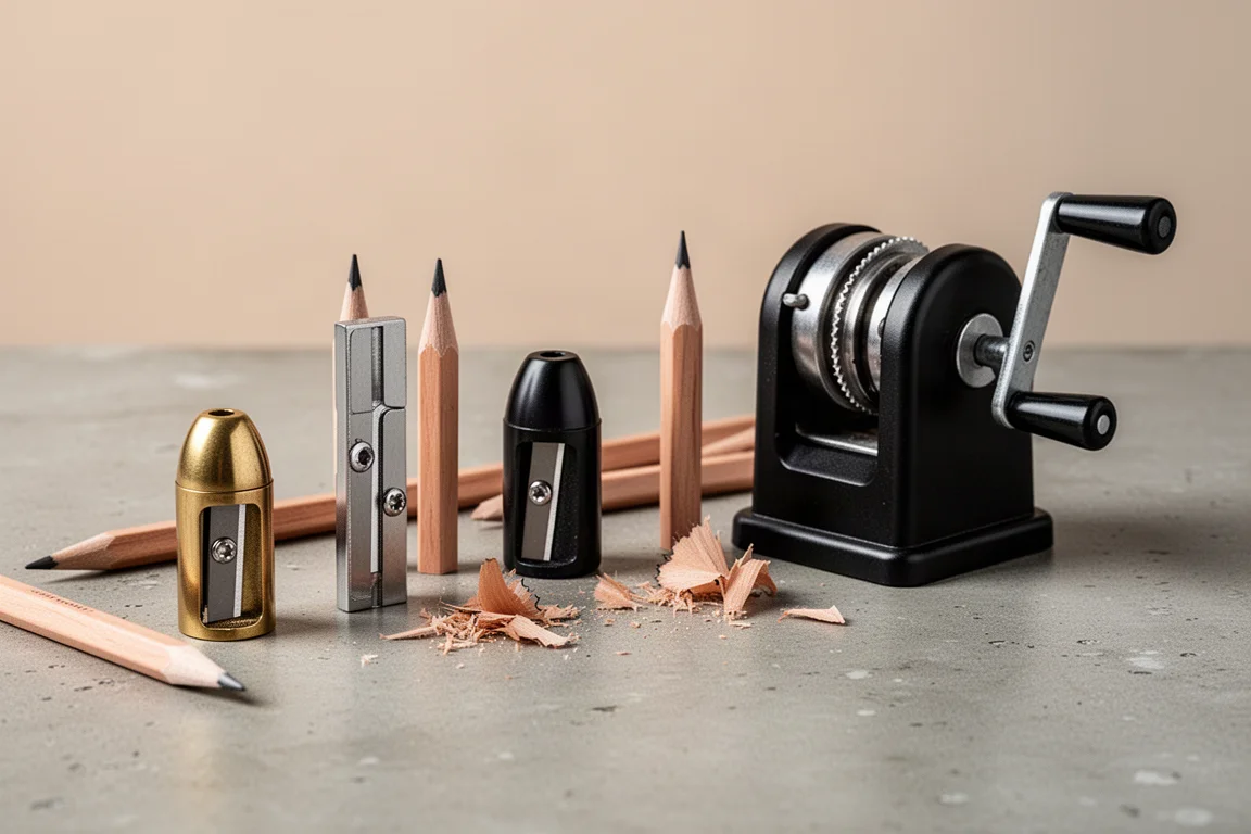 Assorted pencil sharpeners and sharpened pencils arranged on a concrete surface