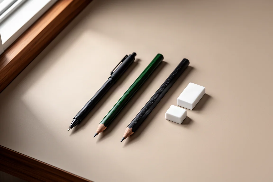 Flat-lay of pencils and erasers arranged neatly on a wooden desk