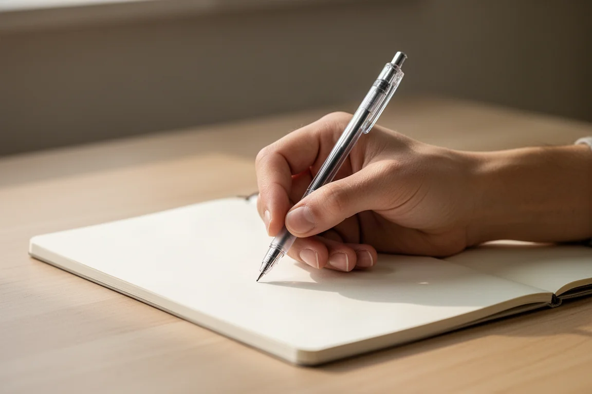 A hand writing on paper with a gel pen in a classic tripod grip