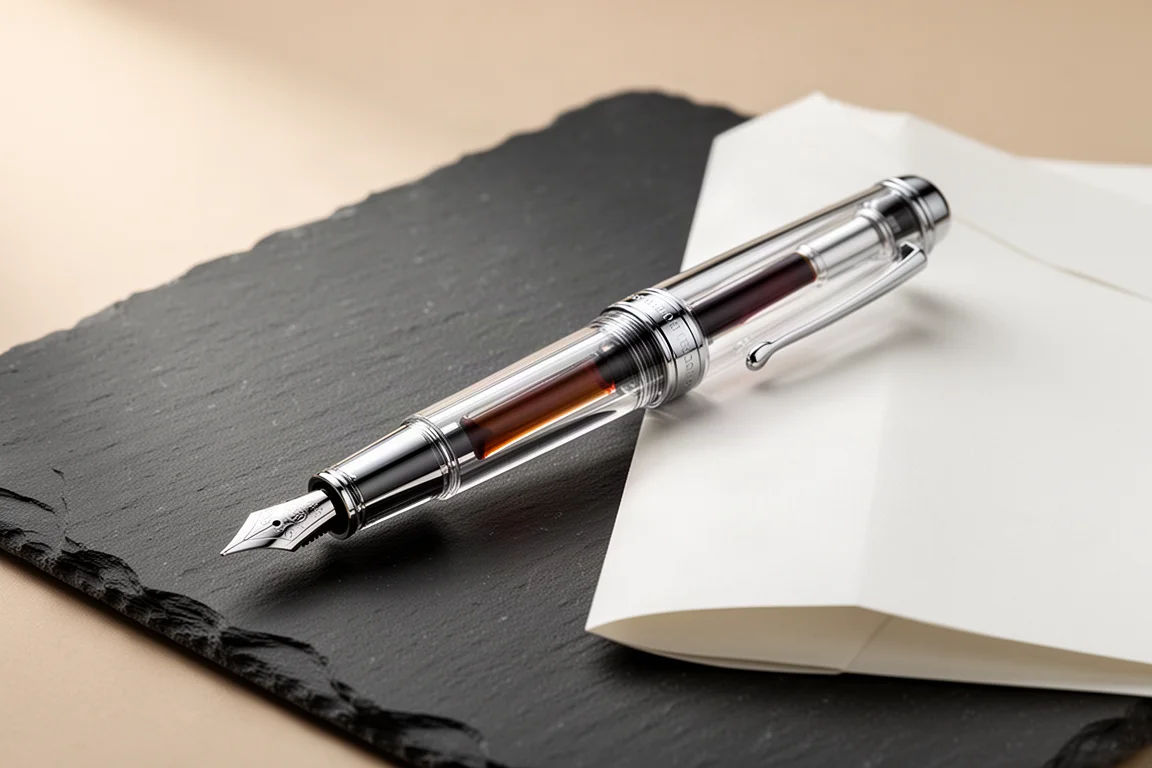 Oversized demonstrator fountain pen with visible ink reservoir on a desk