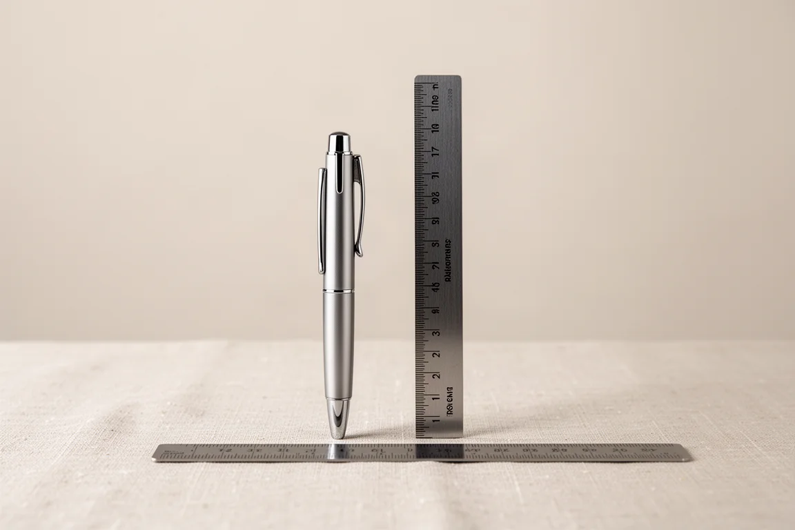 Short compact pocket pen standing beside a measuring ruler