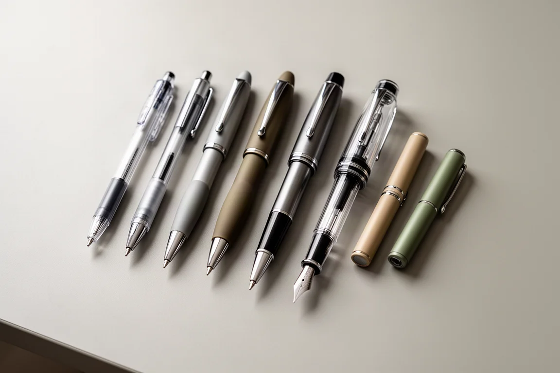 Assorted pens of different sizes and grip styles arranged on a grey desk