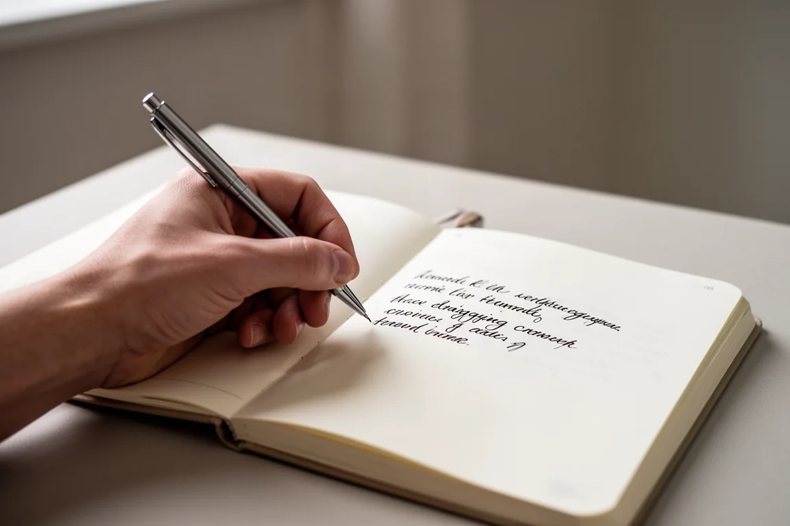 Una mano sinistra che scrive su un quaderno con la pagina inclinata per evitare sbavature