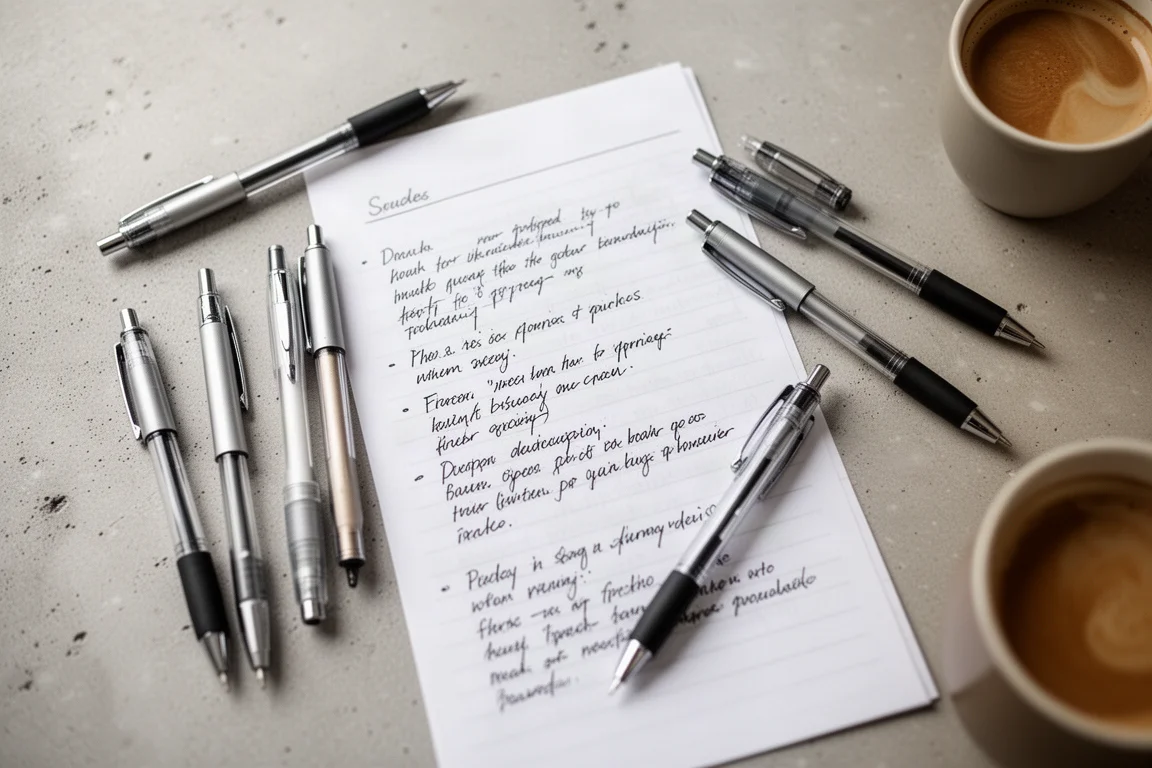 Penne disposte su una scrivania accanto a rapidi appunti di studio scritti a mano