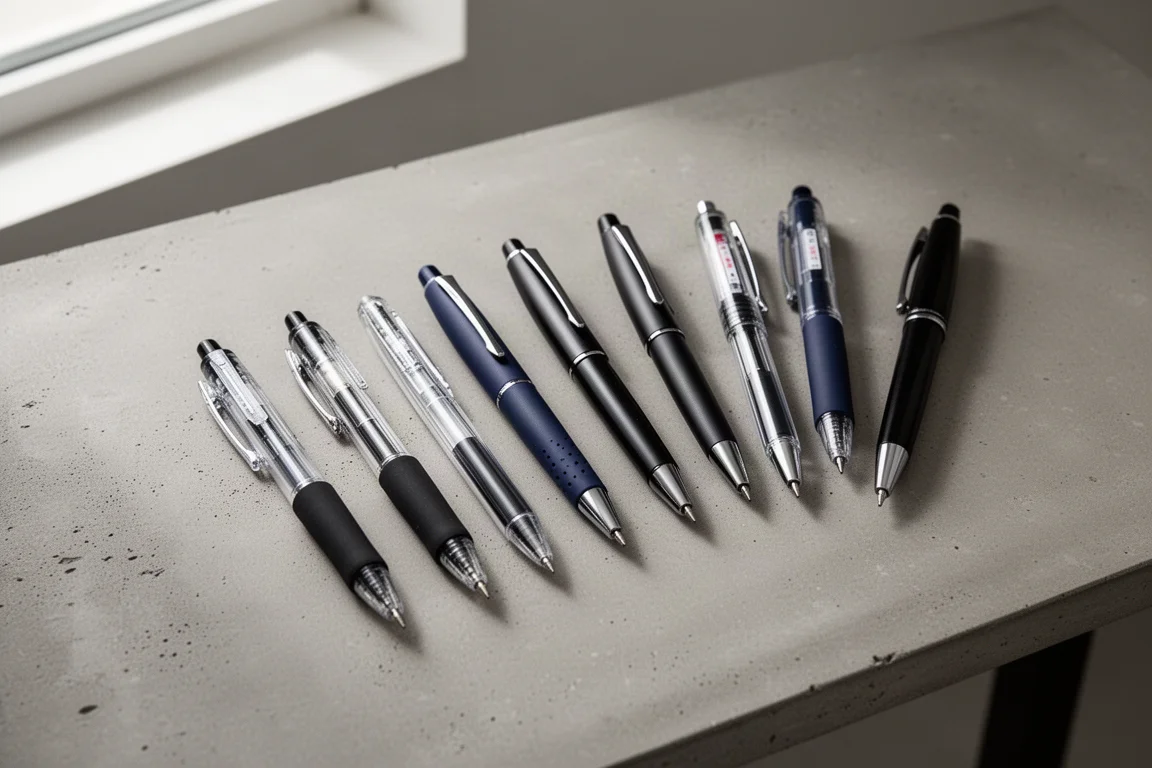 Assortment of nine pens arranged on a concrete desk surface