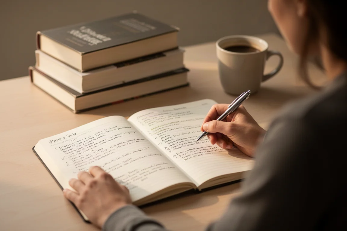 Student's hand writing notes in a notebook during a study session