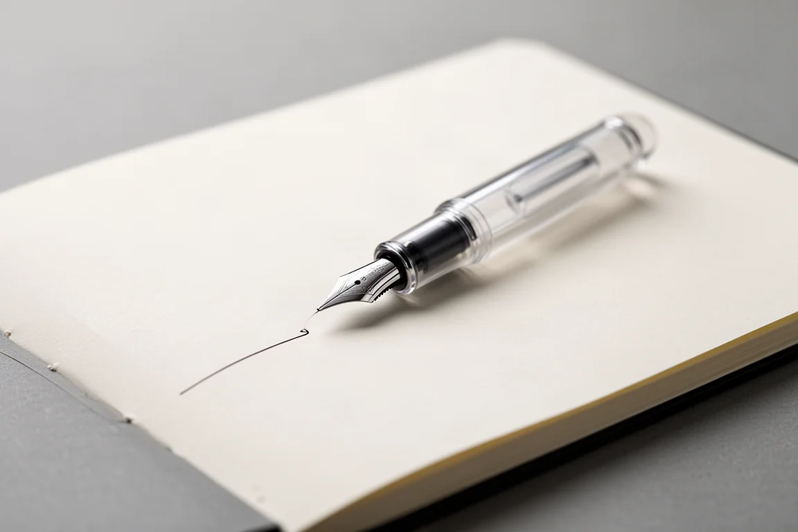 Fountain pen nib resting on a blank notebook page with soft light