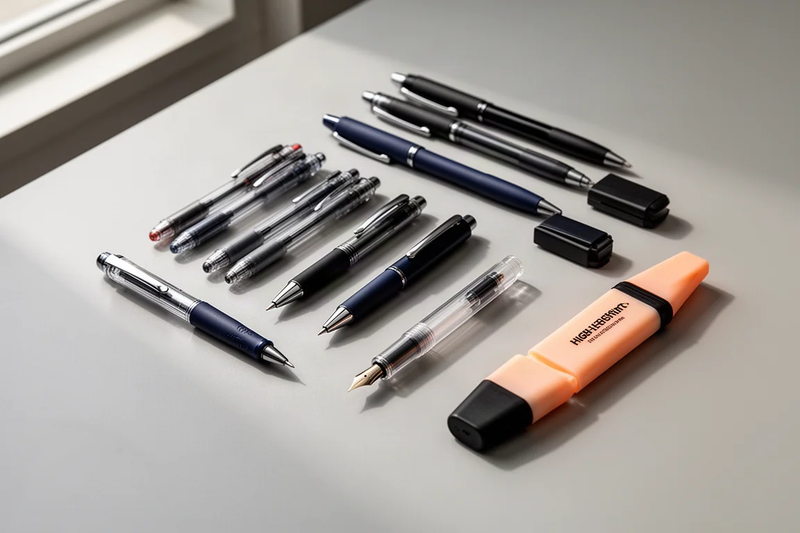 Flat-lay of assorted pens and highlighters arranged on a light grey desk