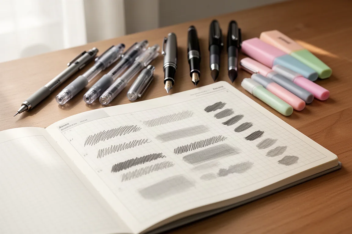 Open grid planner with pen swatches surrounded by writing instruments on a desk