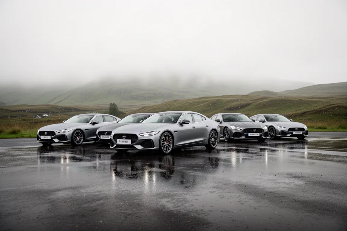 A line of performance cars parked on wet tarmac in the Scottish countryside