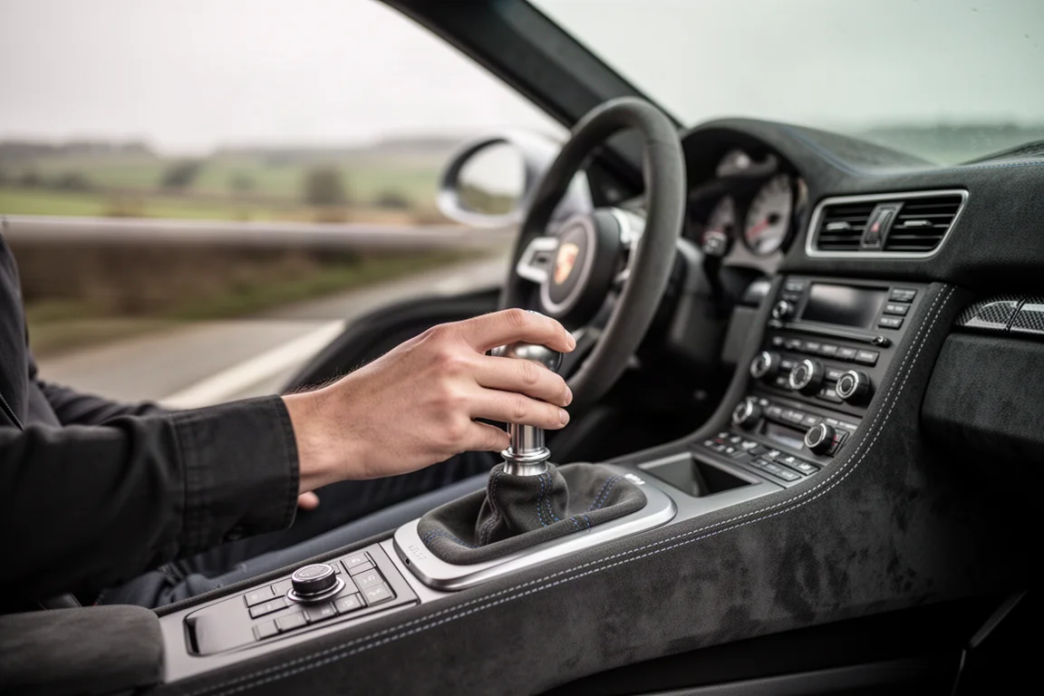 Driver shifting a manual gearbox in a performance car on a country road