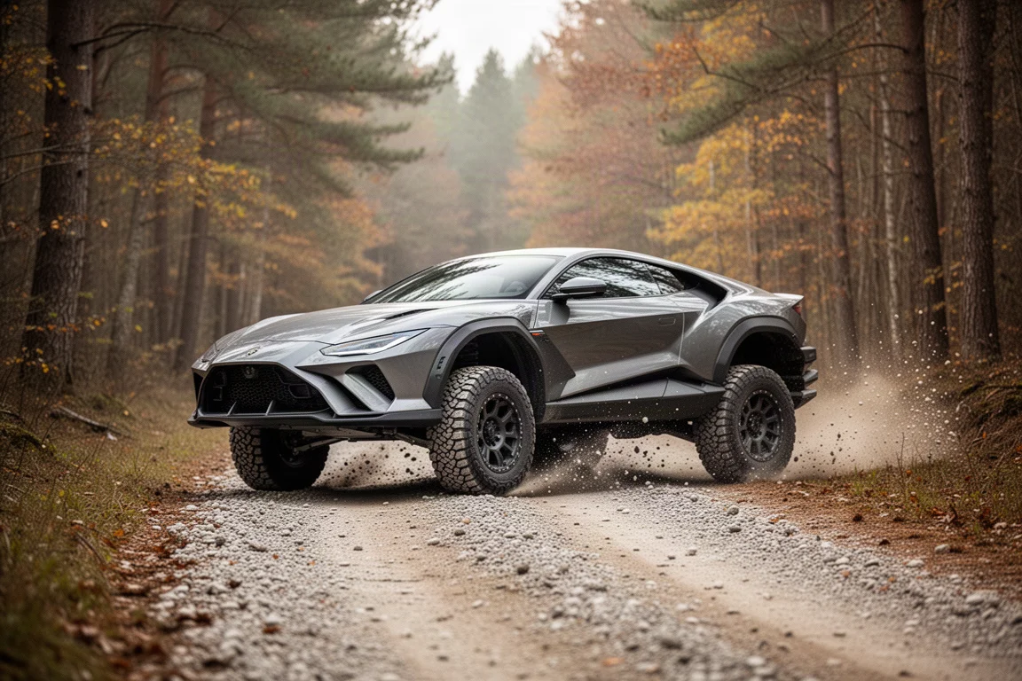 Off-road supercar kicking up gravel on a rough forest track