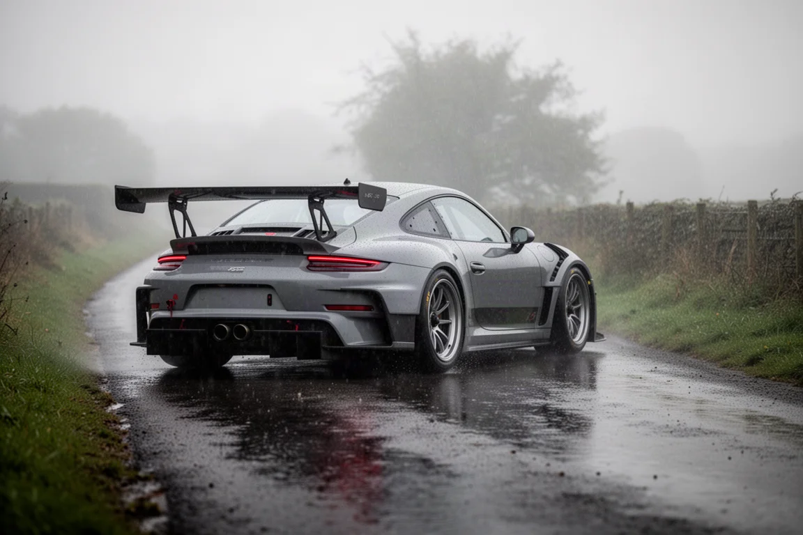 Track-focused sports coupe with a large rear wing on a wet country road