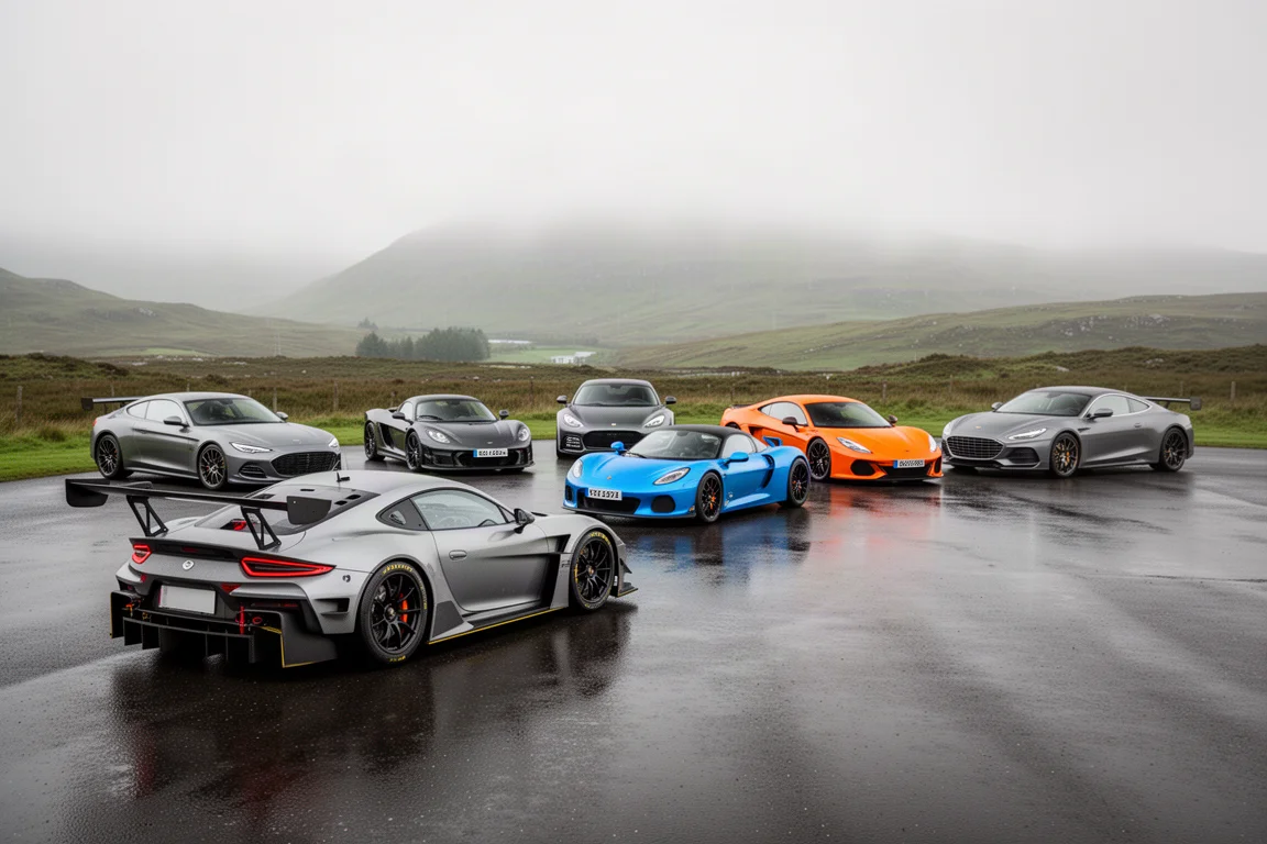 A lineup of nine performance cars parked on wet tarmac in misty Scottish countryside