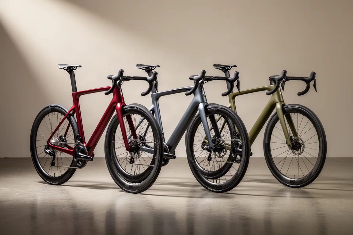 Three carbon road racing bikes lined up on a concrete studio floor