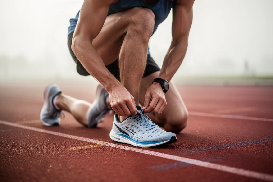 Hardloper die de veters strikt van een lichte raceschoen naast een hardloopbaan