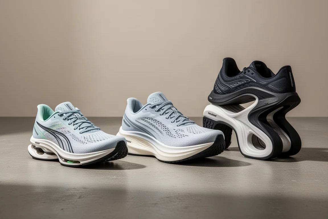 Three performance running shoes arranged in a row on a concrete surface