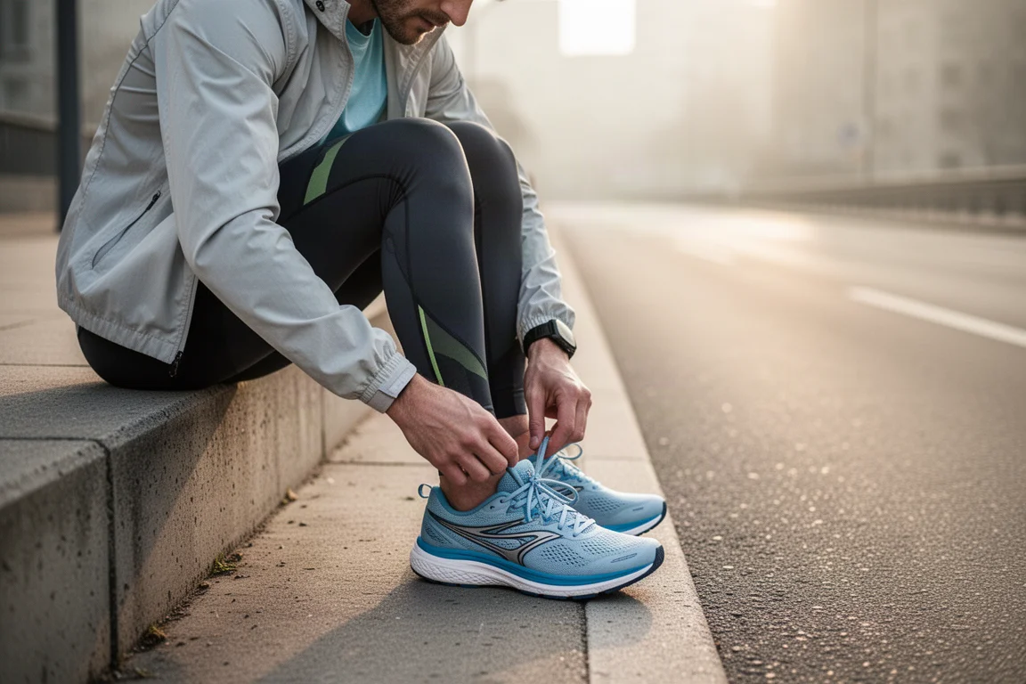 Un corridore allaccia una scarpa da running su strada prima di un allenamento a ritmo