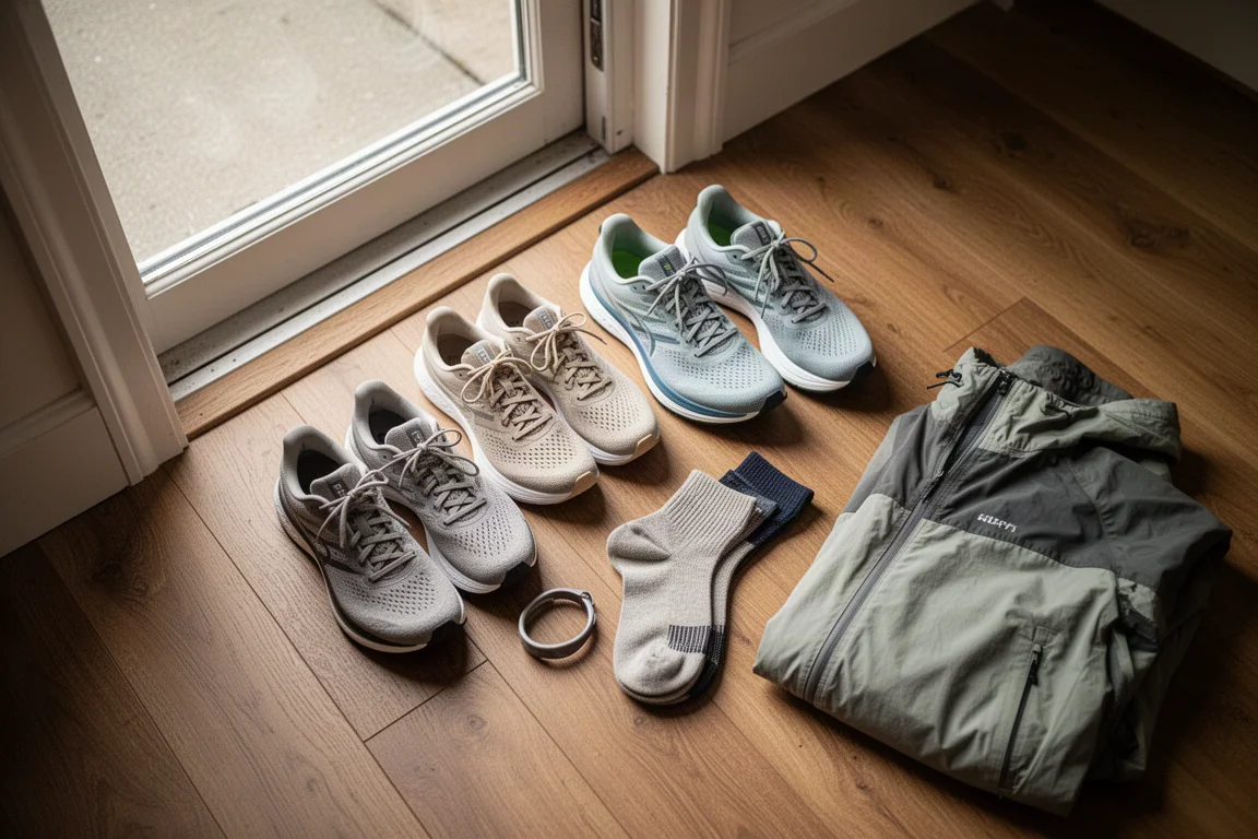 Scarpe da running e attrezzatura disposte sul pavimento accanto a una porta