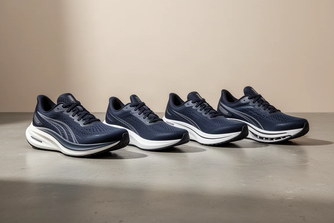 Four road running shoes with different midsole profiles arranged on a concrete surface