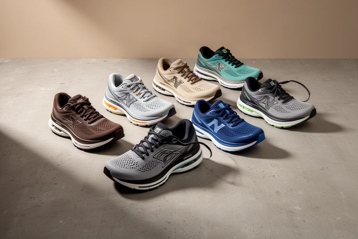 Eight road running shoes arranged in a row on a concrete surface