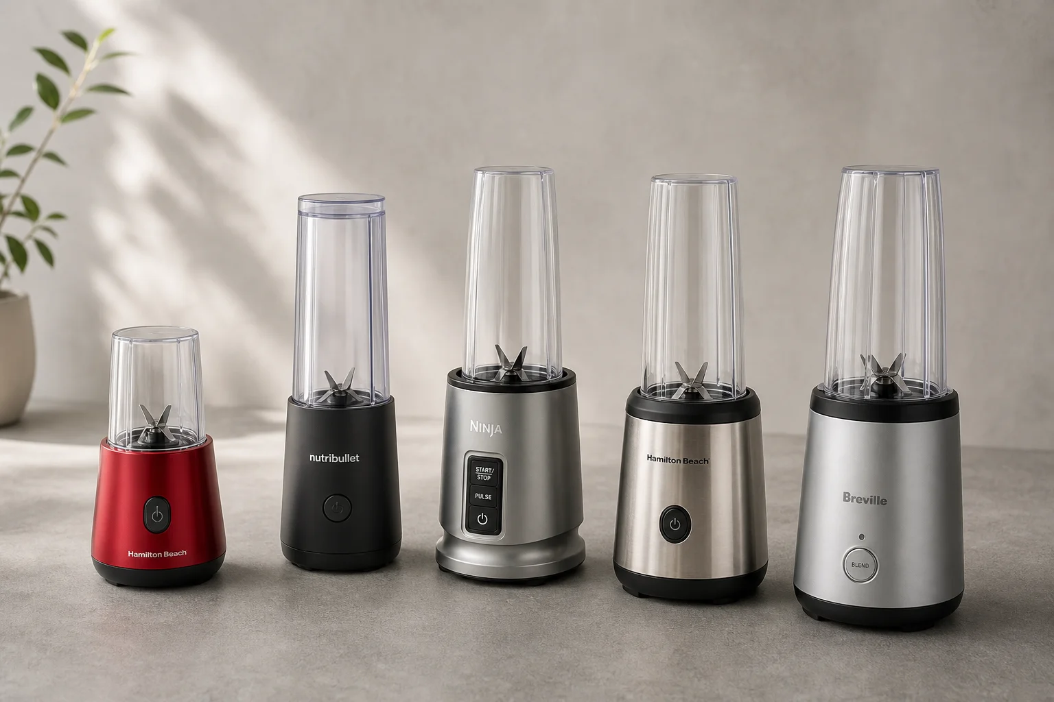 Five personal blenders in various sizes and finishes arranged on a concrete surface