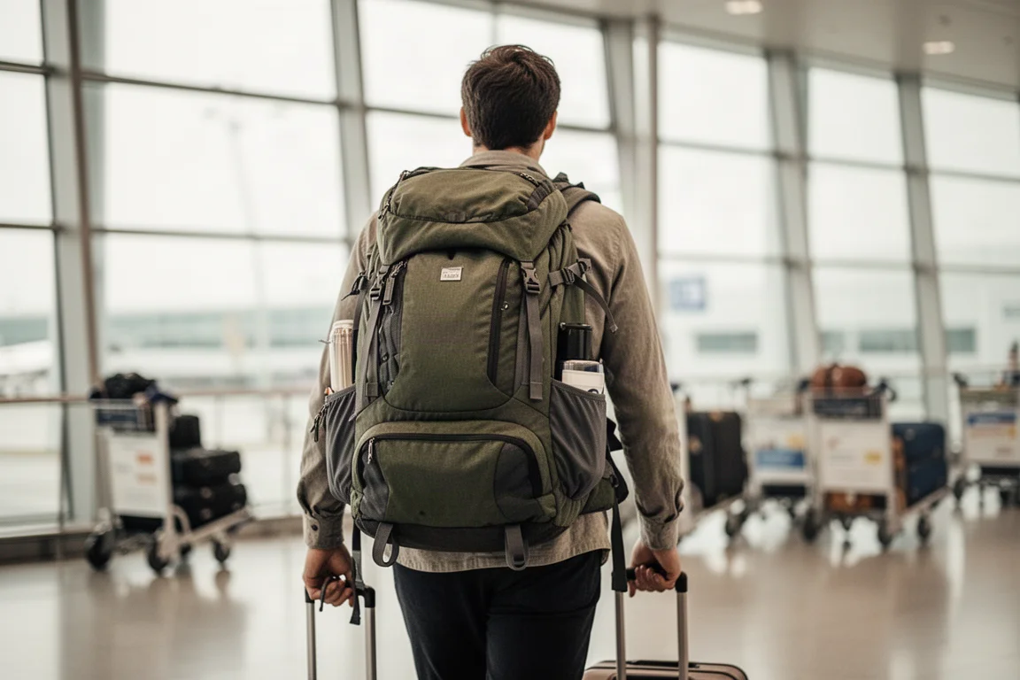 Podróżny niosący plecak przez terminal lotniska