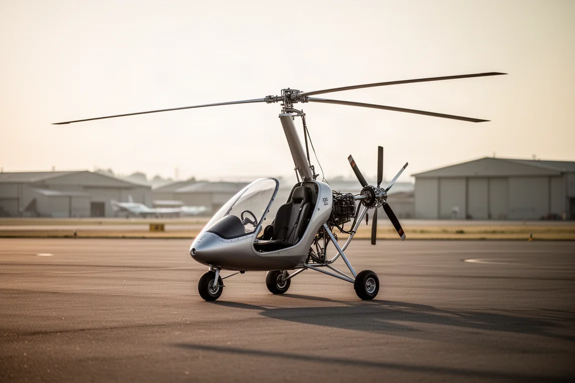 Giroplano con palas de rotor superiores estacionado en una plataforma de aeródromo con luz cálida
