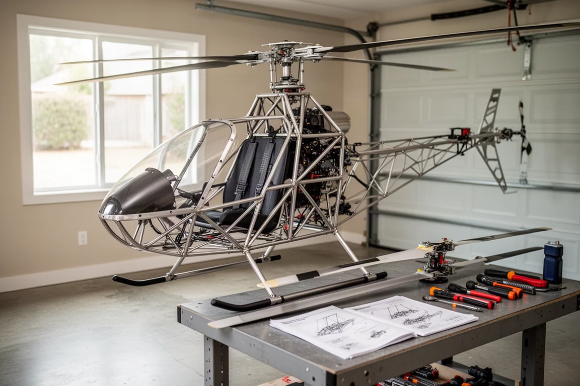 Helicóptero experimental biplaza en construcción en el taller de un garaje doméstico