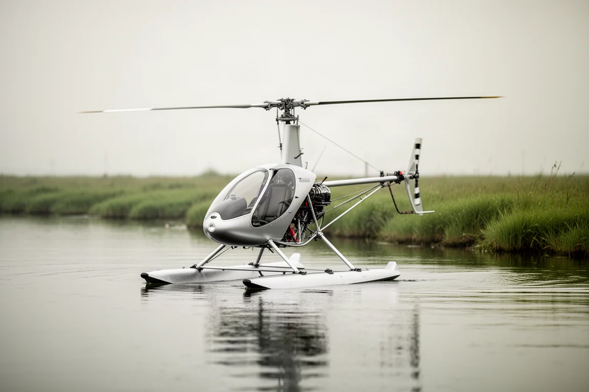 Helicóptero ultraligero monoplaza con flotadores junto a una orilla de hierba