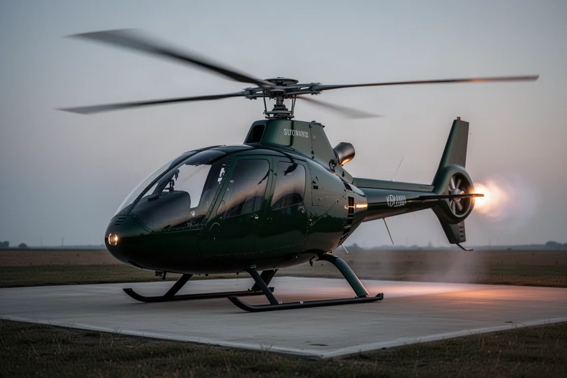 Helicóptero compacto de turbina sobre una plataforma de hormigón al anochecer