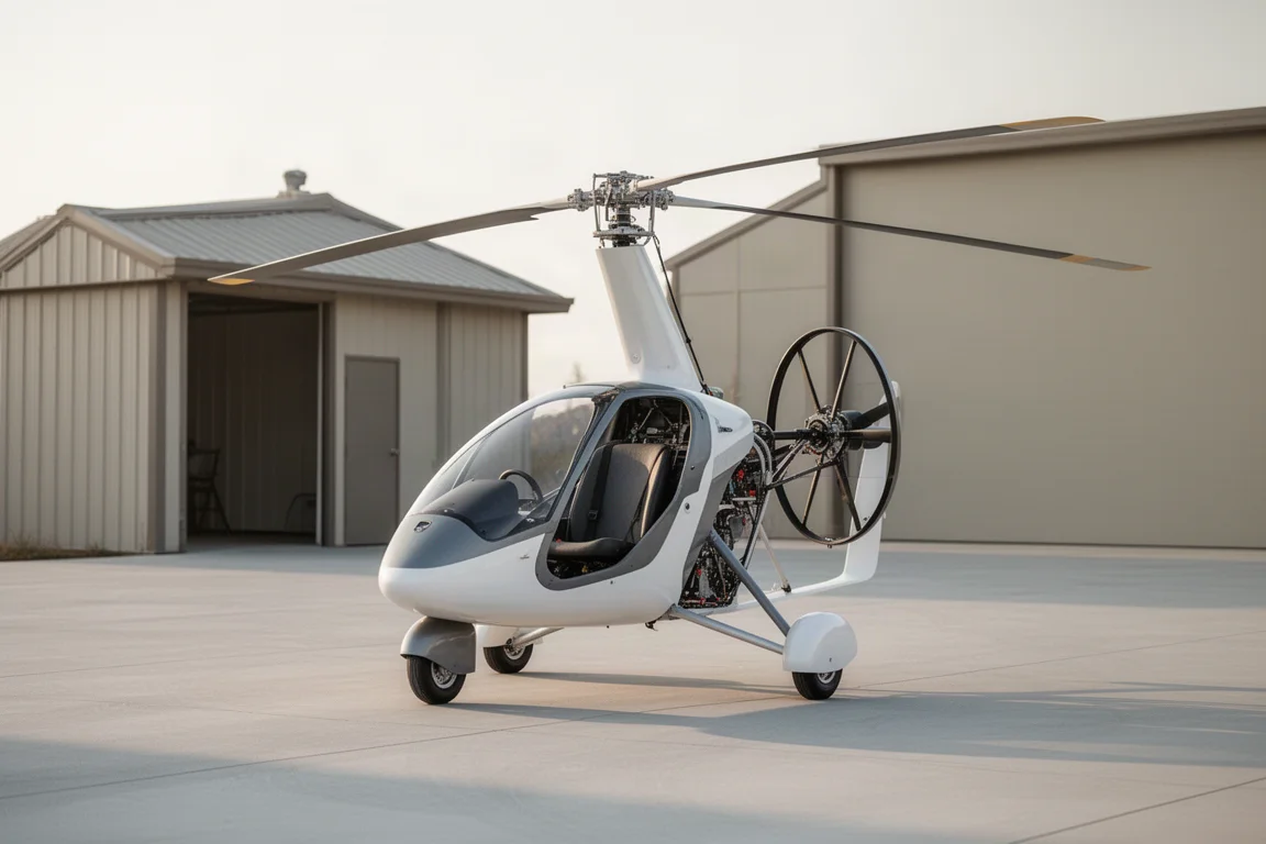 Autogiro compatto monoposto parcheggiato sul cemento davanti a un piccolo hangar