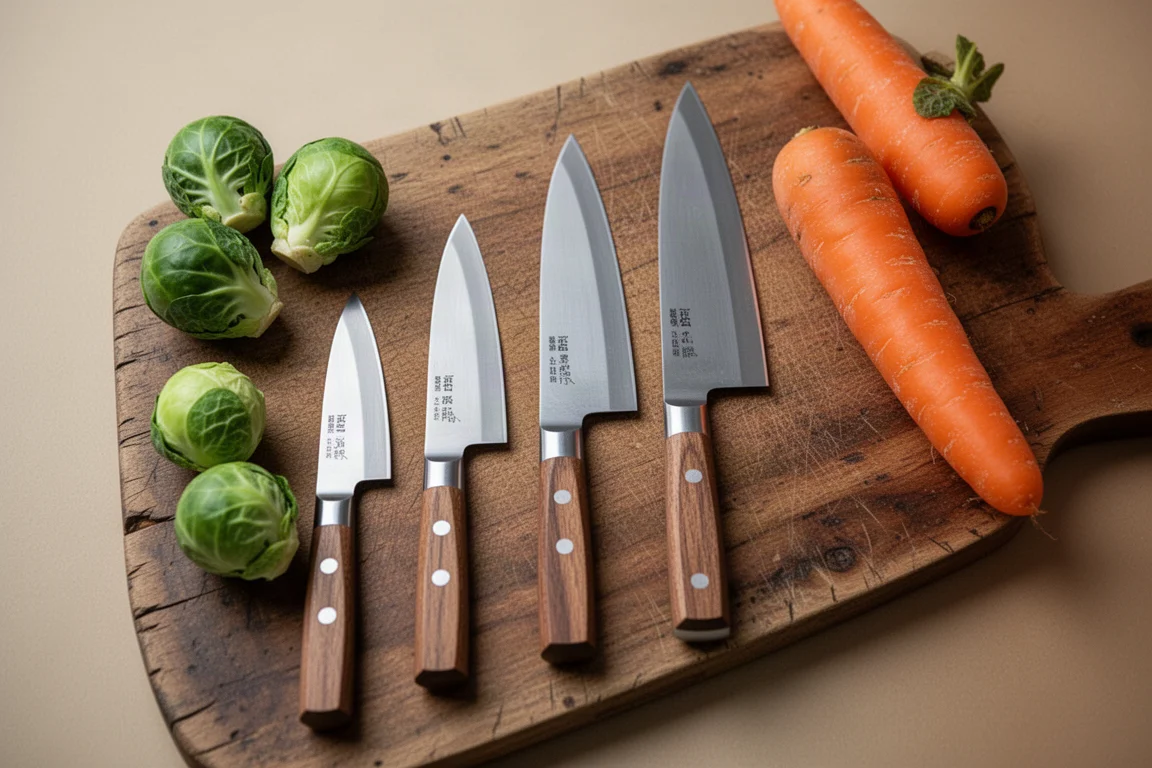 Line-up of four petty knives of different blade lengths on a wooden cutting board