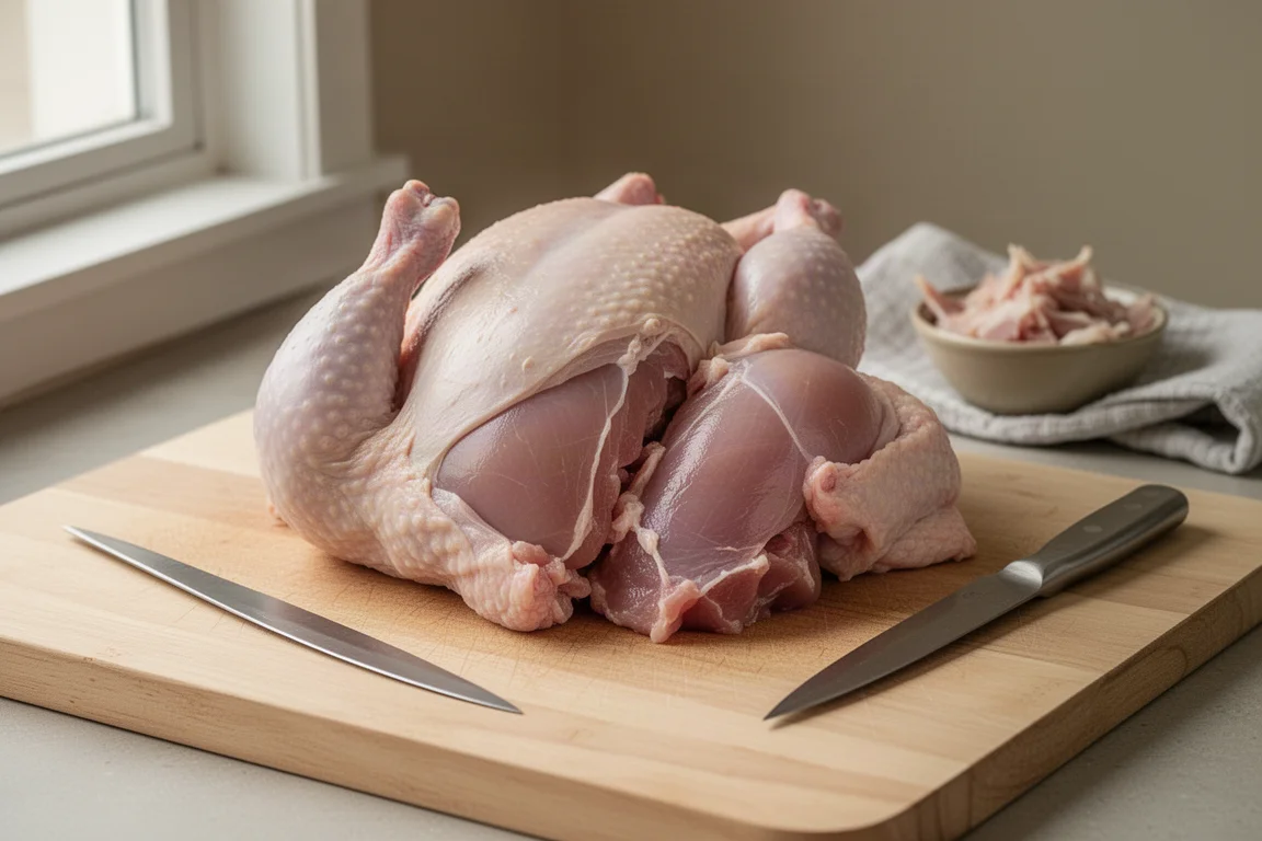 Raw whole chicken and trimmed portions on a cutting board during butchery