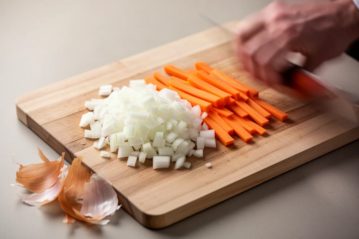 Diced onions and carrot batons on a cutting board mid-preparation
