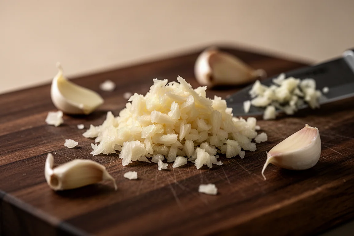 Finely minced garlic scattered on a wooden cutting board