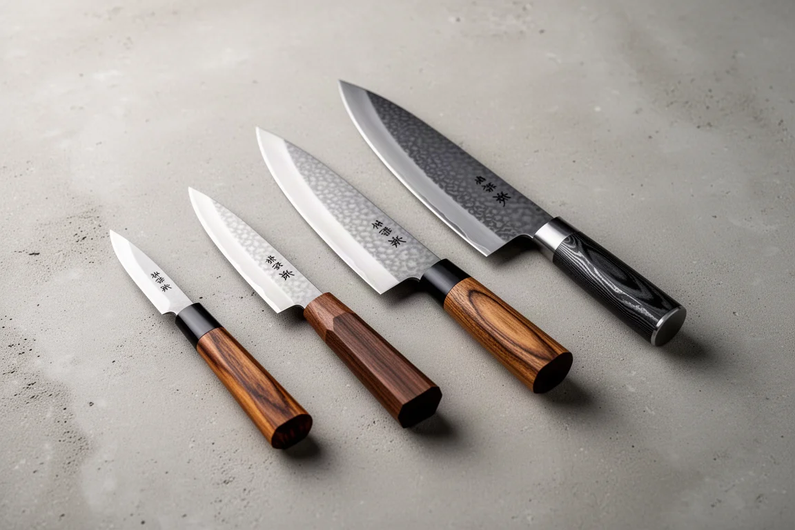 Four Japanese petty knives of varying blade lengths arranged on a concrete surface